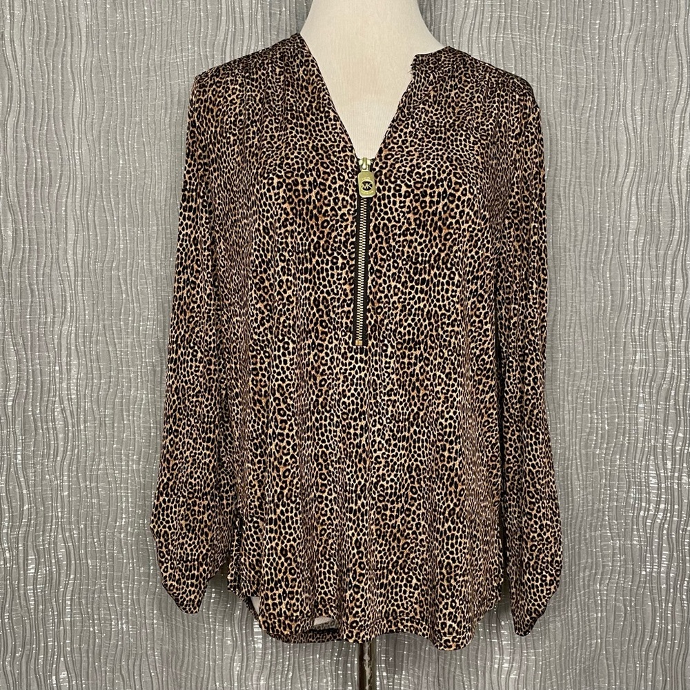 Michael Kors cheetah 1/2 zip roll tab blouse